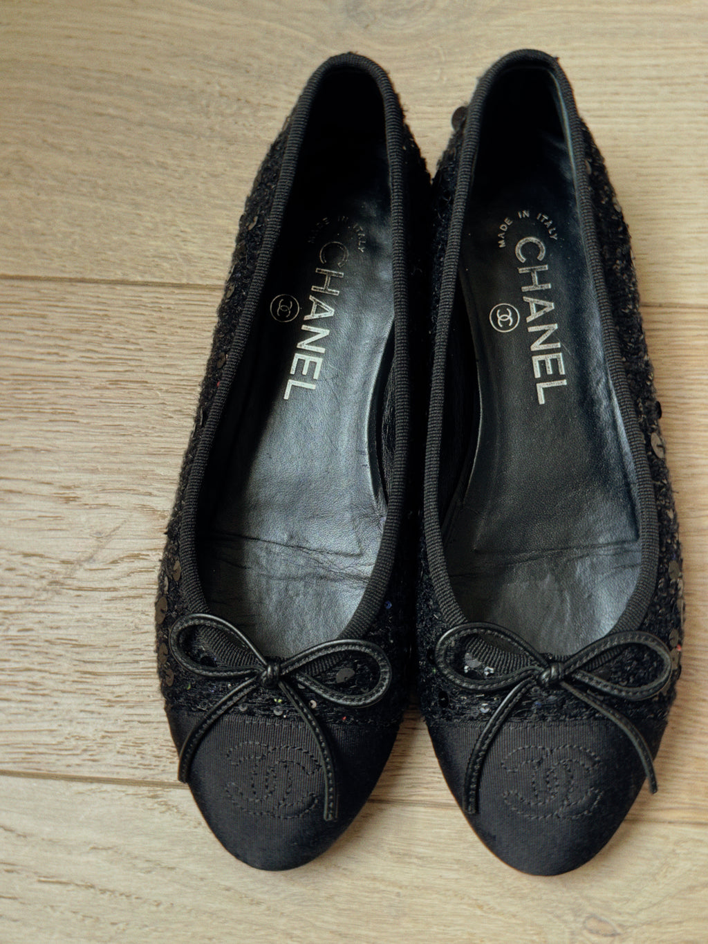 Chanel Black Sequin Tweed Ballet Flats