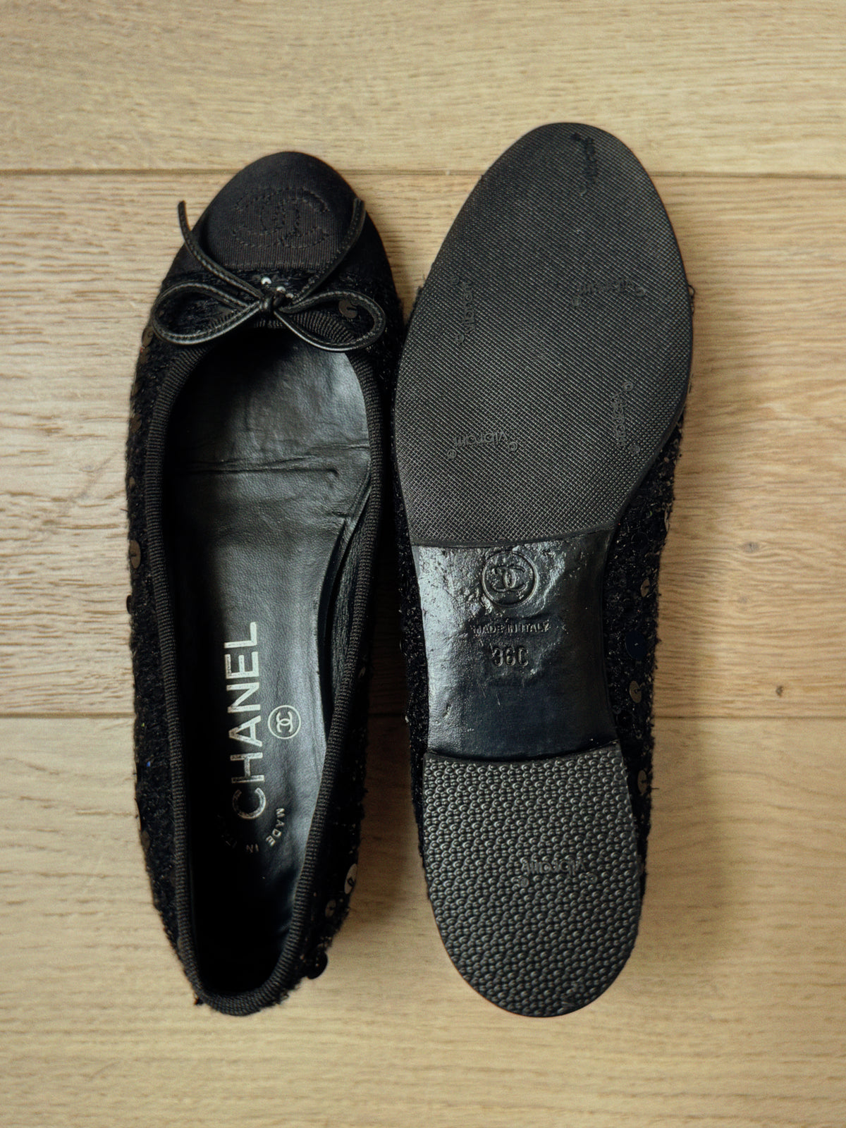 Chanel Black Sequin Tweed Ballet Flats